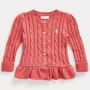Ralph Lauren Baby Girl Cable Peplum Cardigan- Red